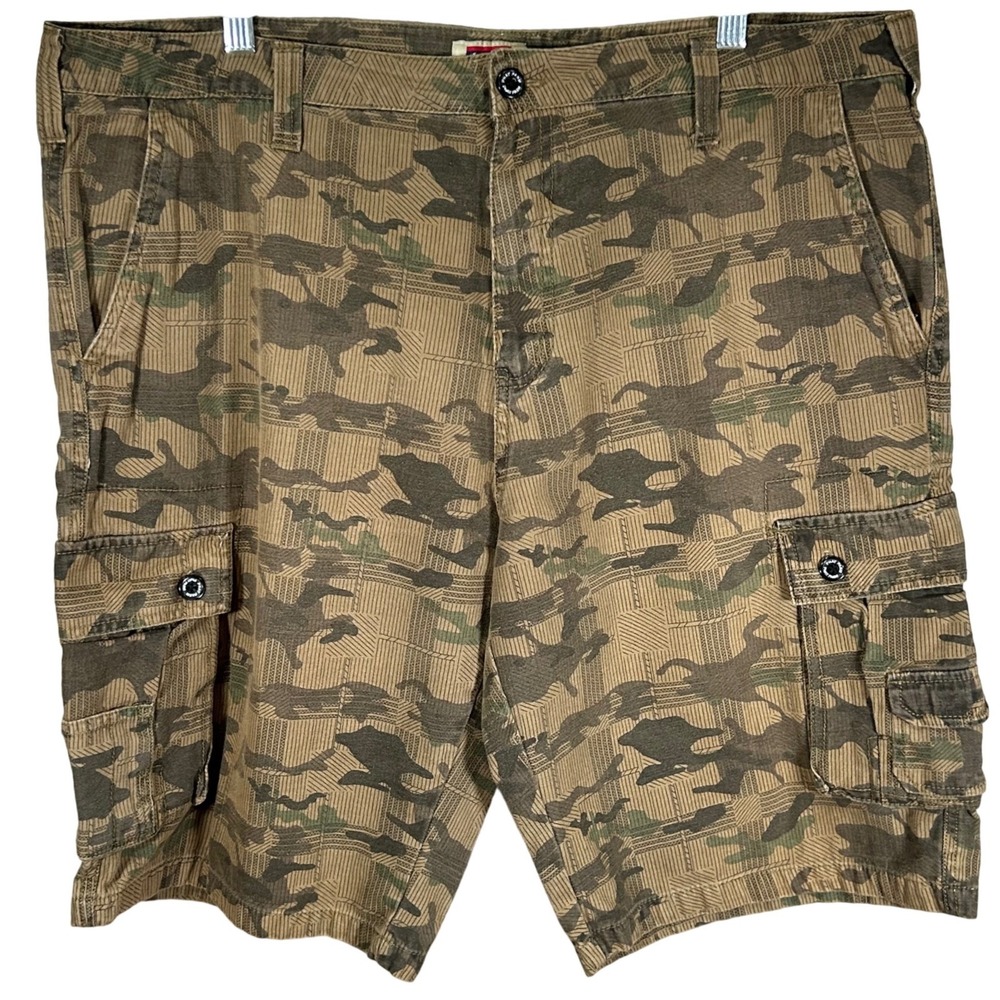 Phat Farm Mens 38 Camo Cargo Shorts Brown Green Geometric Grid Cotton‎ Utility